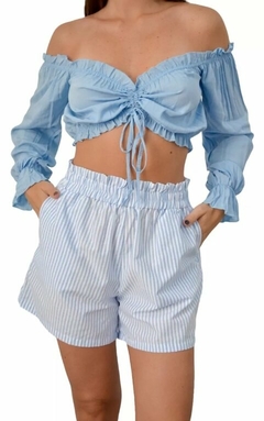 Short Rayado Elastico Poplin Mujer Tendencia Casual (509)
