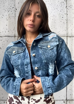 Campera Jean Mujer Strass Deflecada Corta Tendencia (608)