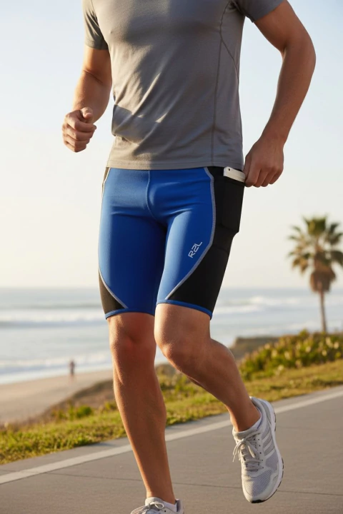 Bermuda Runner - Azul, lateral preta com costura cinza - comprar online
