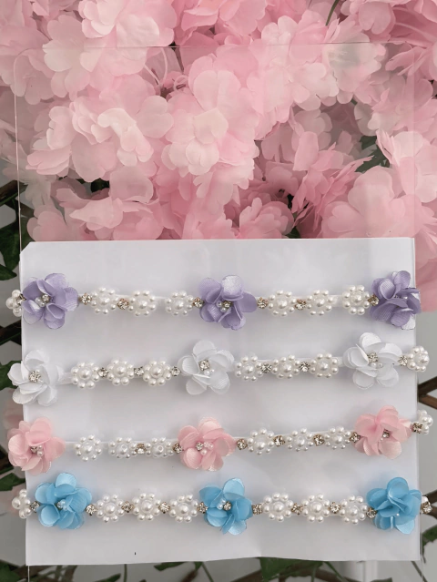 029 Headband Faixa Infantil Pérolas Brancas e Flores - Diversas Cores