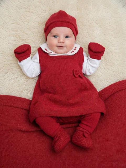 Saída de Maternidade Tricô Premium 7 Peças – Manta, Vestido, Calça, Body Algodão, Sapatinho, Luva e Toca – Rosa ou Vermelho