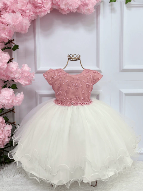 2119 Vestido Festa Princesa Renda Rosê C/ Off White - 1.2.3.4
