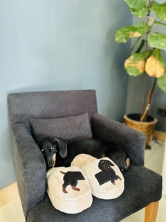 Salchipantuflas beige perro negro - tienda online