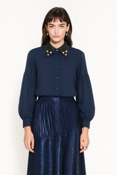 CAMISA JAZMIN CHEBAR AZUL CON CUERO T1 - comprar online