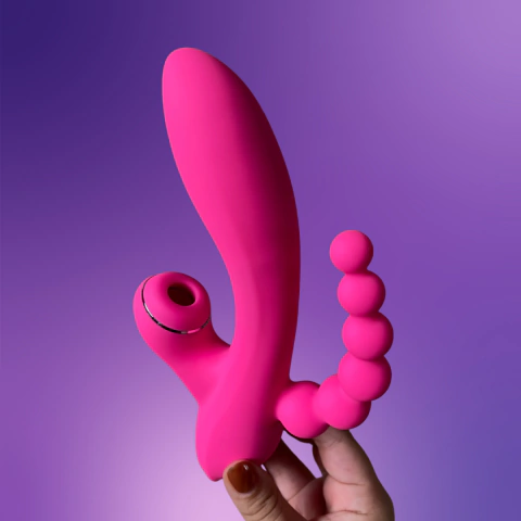Vibrador Triplo Penetração Anal e Vaginal Com Sugador de Clitóris Recarregável Resistente a Água