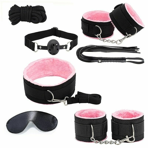 Kit Sado BDSM Coleira + Guia + Venda Tapa Olho + Mordaça + Algema + Chicote + Corda - comprar online