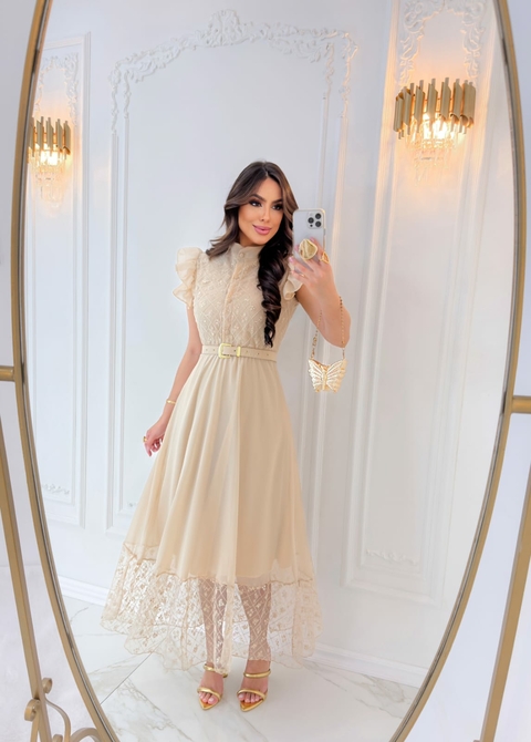 VESTIDO CHIFFON C/TULE BORDADO BRILHOSO 3541