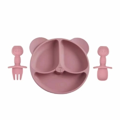 Set plato silicona "OSO" con divisiones y ventosa + cubiertos aprendizaje ROSA CREPE - comprar online