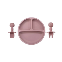 Set plato silicona 3 divisiones y ventosa + cubiertos aprendizaje ROSA CREPE - comprar online