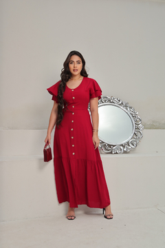 Vestido Longo Vermelho Estampado Com Botões - Deise - comprar online