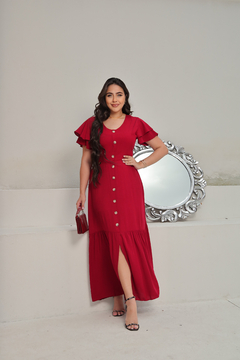 Vestido Longo Vermelho Estampado Com Botões - Deise