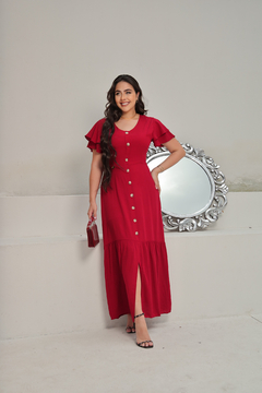 Vestido Longo Vermelho Estampado Com Botões - Deise - comprar online