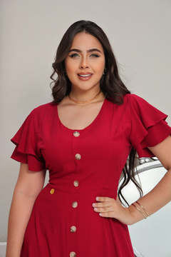 Vestido Longo Vermelho Estampado Com Botões - Deise - loja online