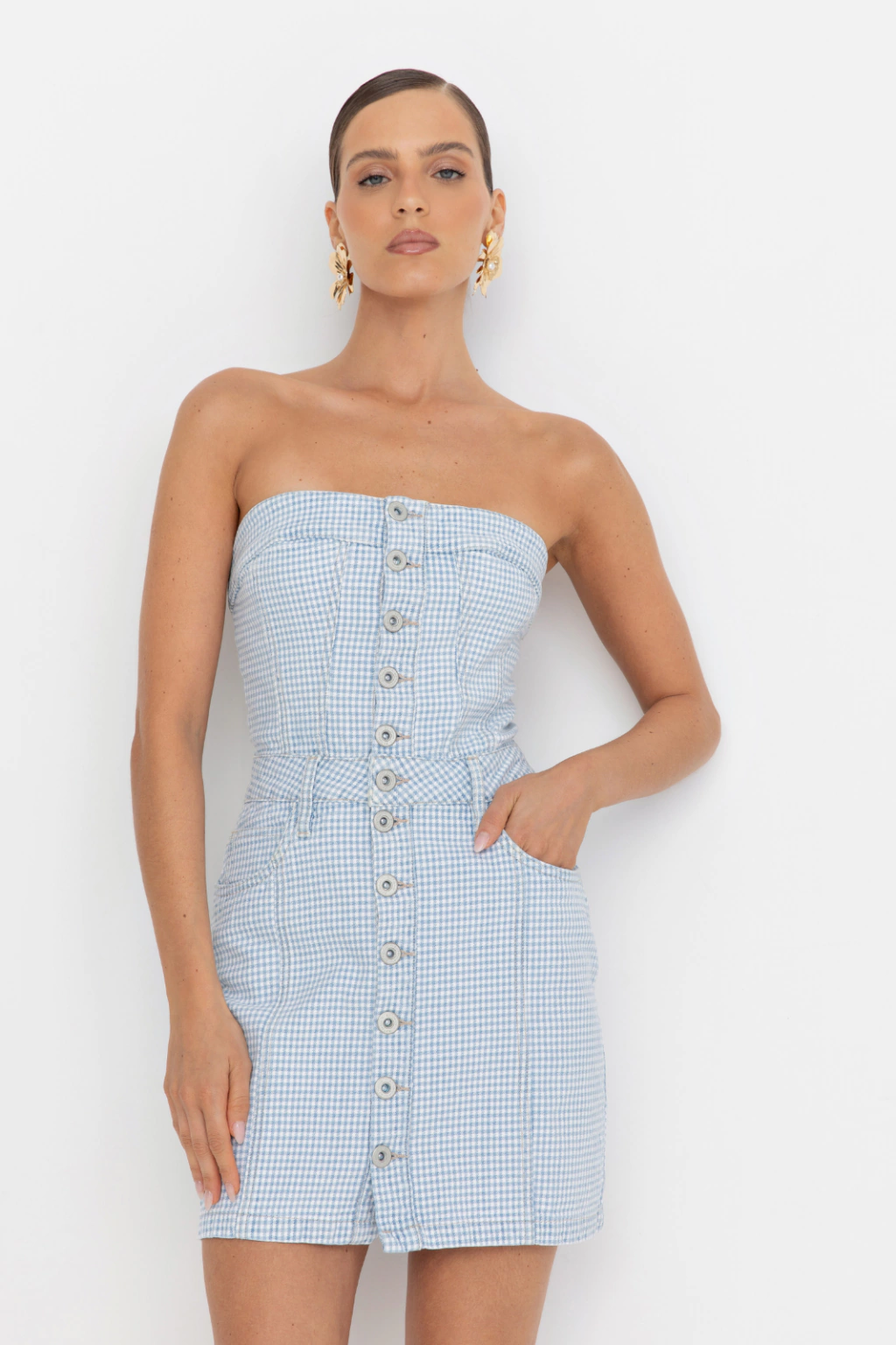 Vestido Sem Alça Xadrez Com Elastano
