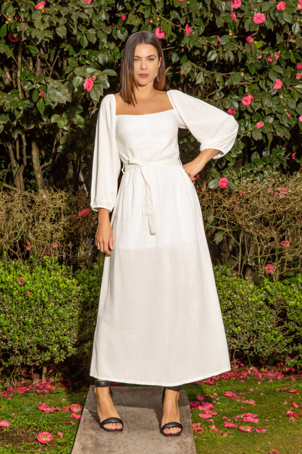 Vestido Midi Linho Manga Longa Off