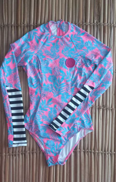 Maiô Adulto Cavado Manga Longa Lycra UV50+ Rosa Folhas na internet