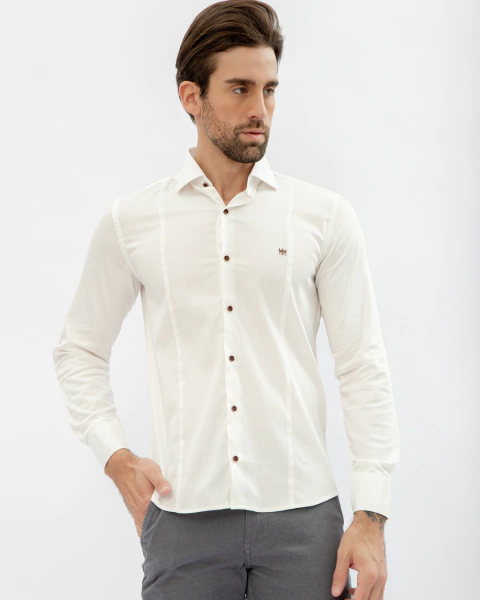 Camisa Manga Longa Slim TRT Off White com Pregas