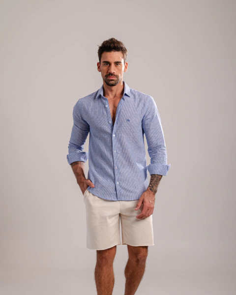 Camisa Manga Longa Slim TRT Listrada Azul e Branca em Linho