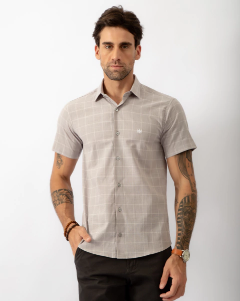 Camisa Manga Curta Slim TRT Xadrez Cinza Claro