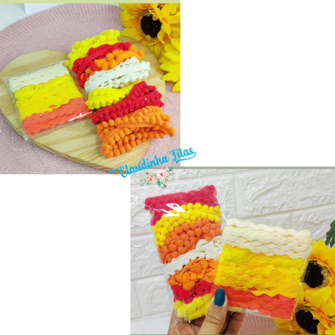 Kit Sianinha e pompom de metro tons de amarelo e laranja - Total 11 metros