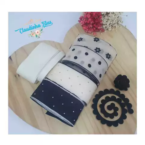 kit 13 voal - com 4m de fita de voal e 2 metro de fita lisa de gorgurão Twill Yama e mais 5 flores de feltro + mais uma