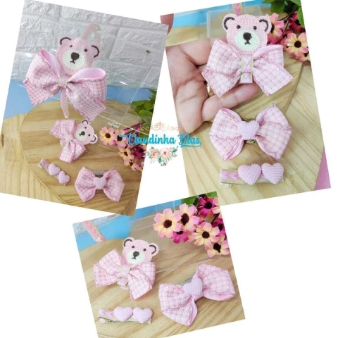 Box pegue e monte Ursinho de crochê rosa ( faz 1 tiara e 3 presilhas)