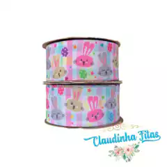 fita sinimbu jeans estampada coelhinho colorido 38mm c/ 10mts. - Claudinha Fitas