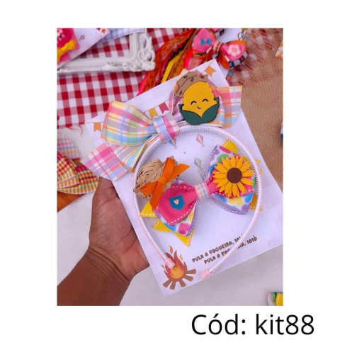 Box pegue e monte tiara junino estampado tiara e laço girassol e milho