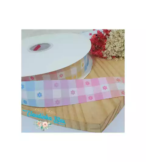 Fita estampada Yama quadriculada c/flor 38mm - c/3 metros