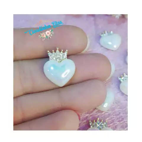 Aplique chaton coração de pérola furtacor com coroa de strass - 2,5 cm - ( 1 unidade)