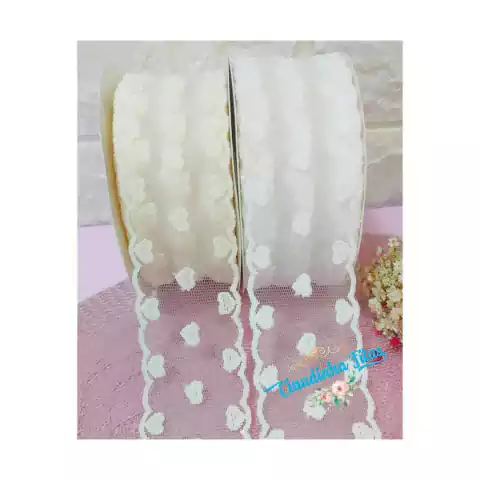 Fita Tule de coração bordado com borda trabalhada - 50mm ( 1 metro )