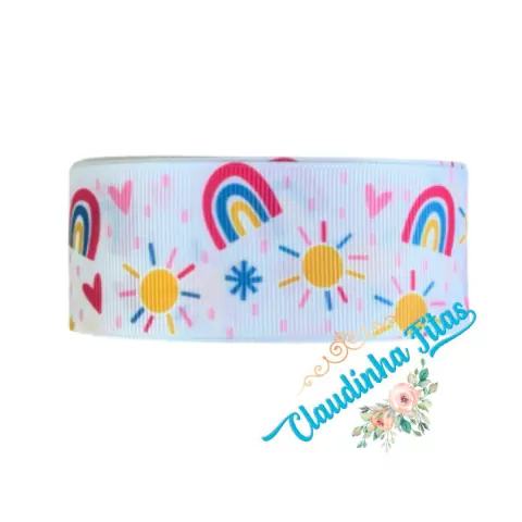 Fita yama estampada arco iris e sol 38mm c/ 3metros