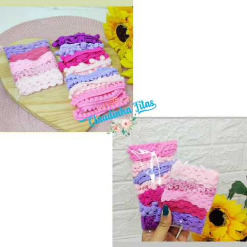 Kit Sianinha e pompom de metro tons de rosa e lilas - Total 12 metros