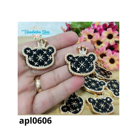 Aplique cabeça de urso preta com coroa dourada - 3,5 cm - (2 unidades)