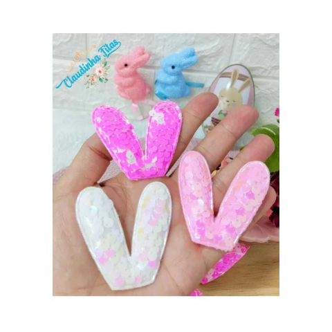 Aplique orelha de coelho paetê - medida 5,0x 5,5 cm - 2 unid.