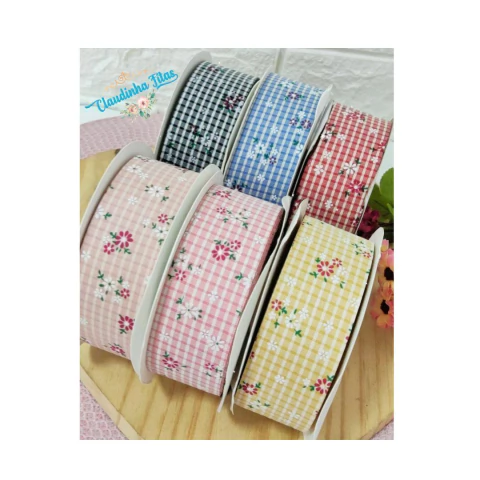 Fita xadrez com ramalhete de flor 38mm - (1 metro)