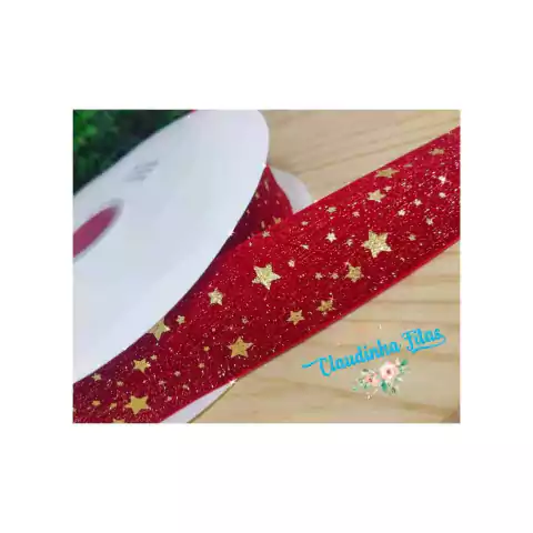 Fita de veludo com lurex vermelha com estrela dourada ( 1 metro) 38mm