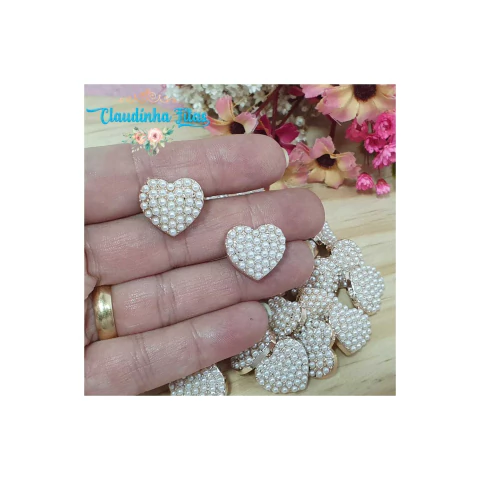 Aplique botão de metal coração com pérolas ( 2 unidade)