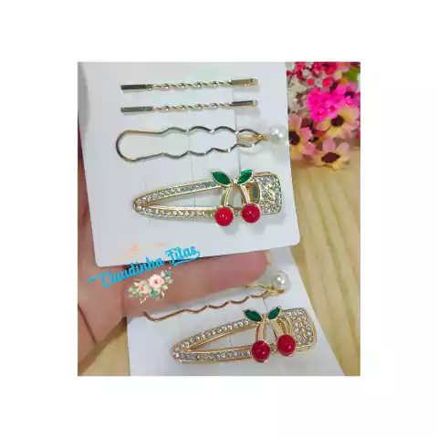 Kit presilha de cabelo dourada cereja - kit com 4 peças