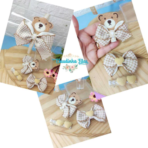 Box pegue e monte Ursinho de crochê marrom ( faz 1 tiara e 3 presilhas)