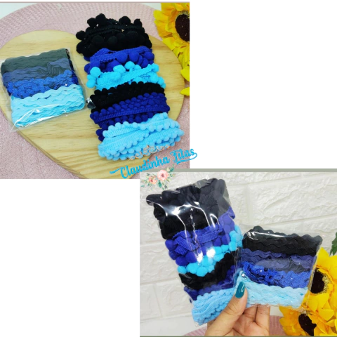 kit Sianinha e pompom de metro tons de azul e preto - Total 10 metros