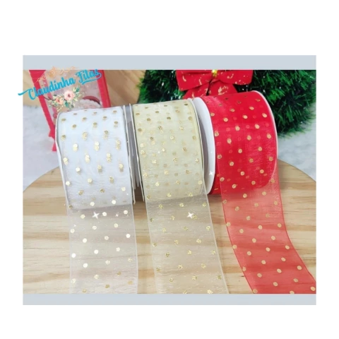 Fita de organza com poá dourado 38mm - 2 metros