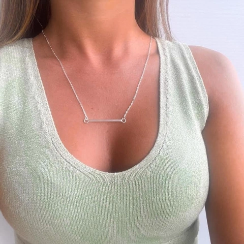 Colar Folheada a Prata Com Plaquinha Horizontal 