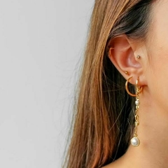 Brinco Amaea Argola de Pérola Longo Folheado a Ouro 18k
