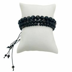 Kit 3 Pulseiras Amaea Masculina Esferas Natural Agata Black Stripe de 4 6 e 8mm Macramê