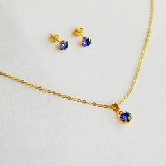 Conjunto Amaea Ponto de Luz Azul Escuro Folheado a Ouro 18k - 1 Ano de Garantia no Banho