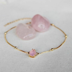 Pulseira Amaea Corrente Bolinha com Pingente Quartzo Rosa Folheada a Ouro 18k