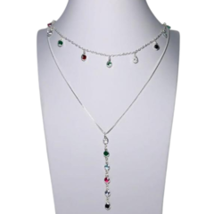 Mix Amaea Choker e Colar Gravatinha Zircônias Coloridas Folheados a Prata
