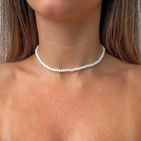 Choker Amaea de Cristal Facetado Branco de 4mm Folheado a Prata