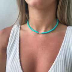 Choker Amaea Fimo Azul Turquesa com Pérola de Água Doce Folheada a Ouro